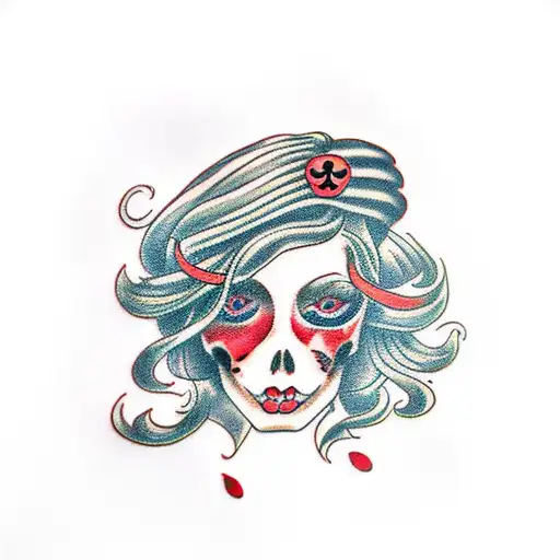 Girl With Long Hair With Scull Red And Black