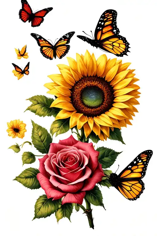Realistic Roses With Sunflower And Butterflies Flying