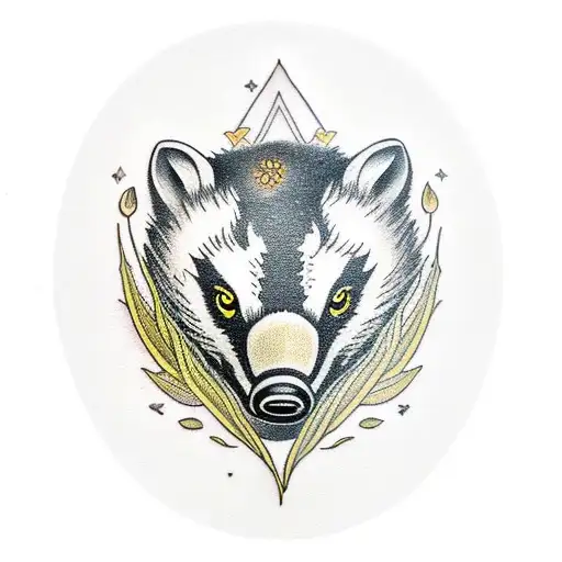 A Stylized Black-grey Badger With Intricate Golden Green Plant Details