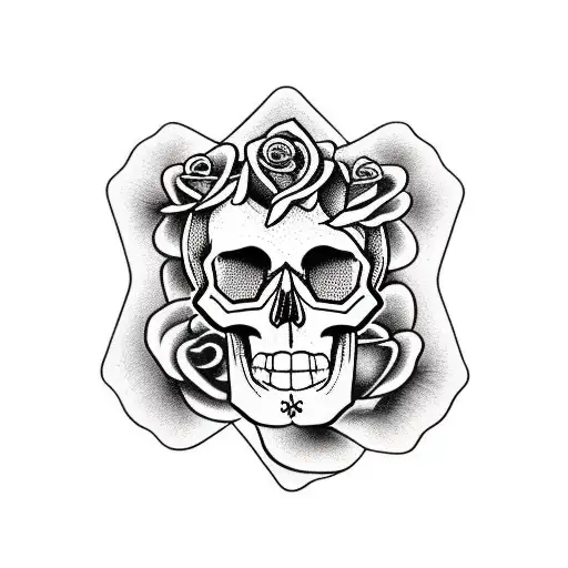 Skull With Roses And A Badge Under It With The Name Rose Inside It