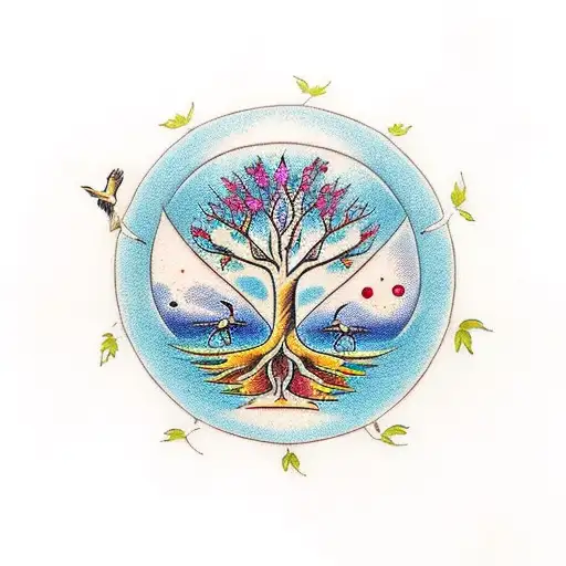 Tree Of Life With Labrador Retriever Sitting At Base And 3 Birds Flying Away