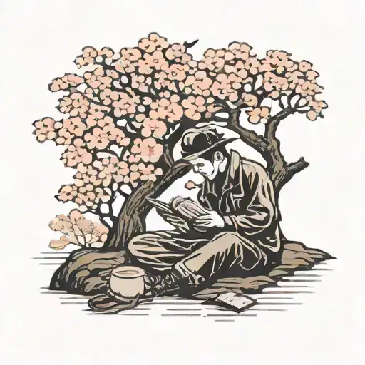 A Silhouette Of A Traveler Reading A Book Under A Cherry Blossom Tree In Japan