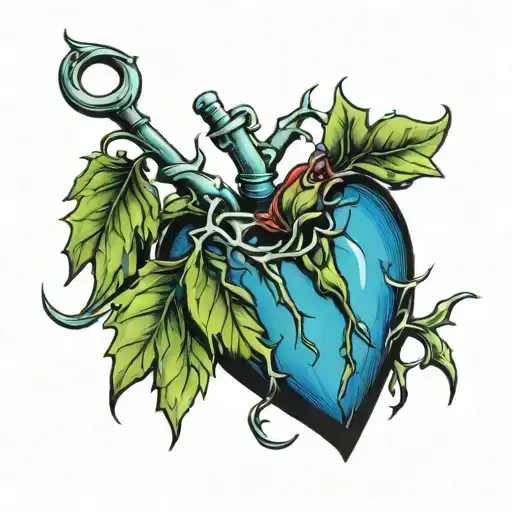 Blue Heart With Green Vine With Bloody Thorns Wrapped Tightly Around Heart