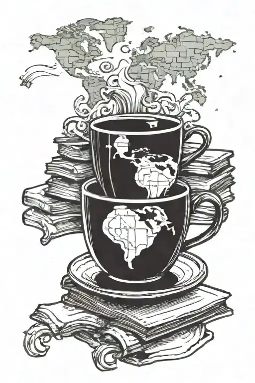 A Coffee Cup Morphing Into A Stack Of Books With A World Map In The Background