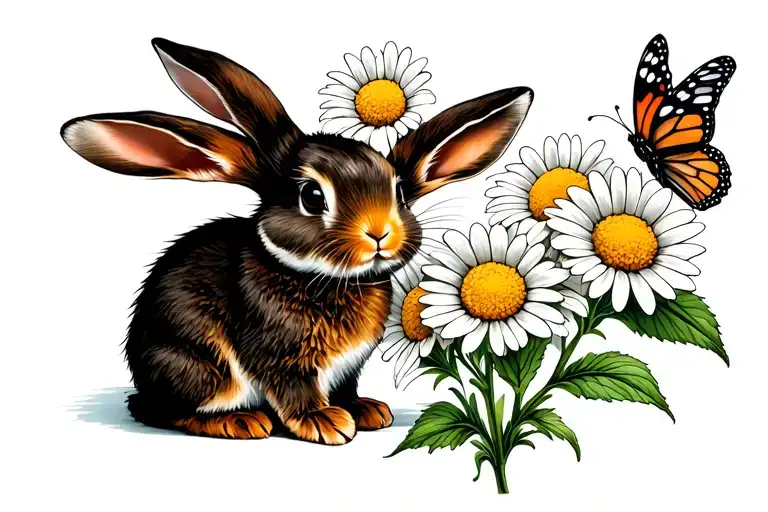 Bunny Rabit And Daisy Flower Growing Together With A Butterfly On The Flower Stem