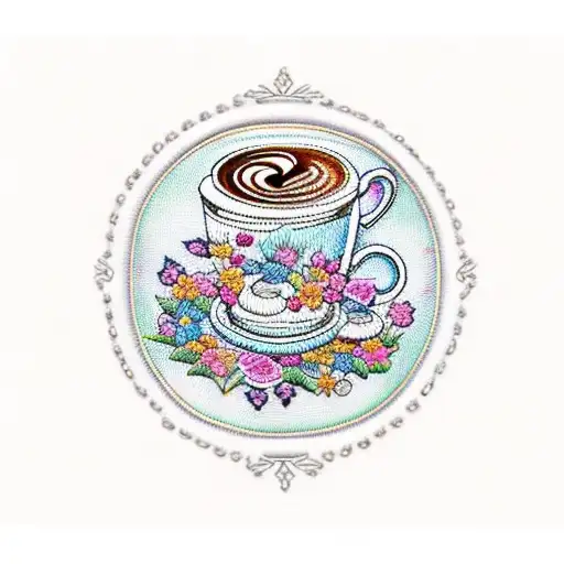 An Intricate Embroidery Design Featuring Coffee Cups And Sweets Intertwined With Floral Patterns
