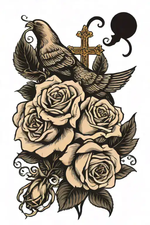 2 Roses With Blank Cross And A Pigeon And Black Shade All Around It
