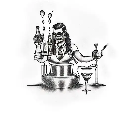 A Tattoo Of A Bartender Shaking Cocktails With A Background Of Music Notes And Travel Landmarks