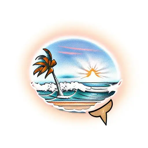 A Beach Scene At Sunset With Palm Trees And Crashing Waves