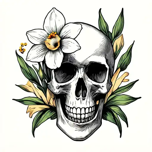 Skull And Narcissus Flower