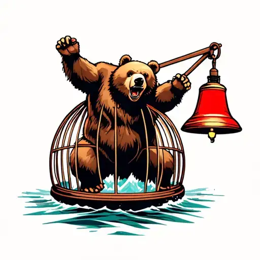 A Red Lighted Bell Buoy With A Big Brown Bear Climbing The Cage To Fix The Light