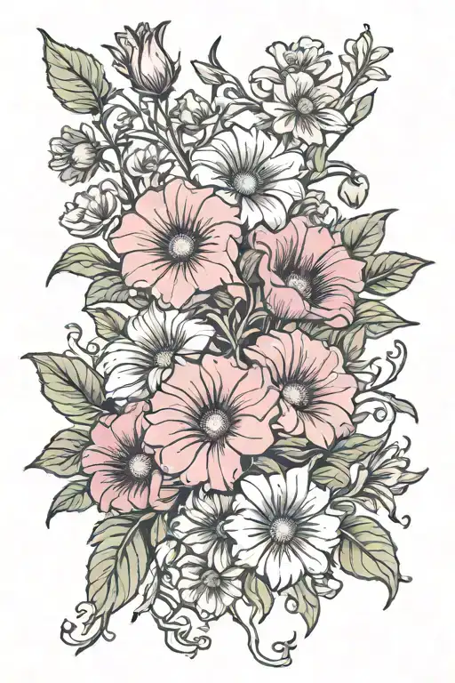 Morning Glory Flower And Aster Flower Bouquet Fine Line