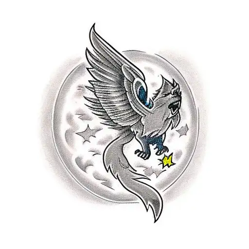 Dark Dog Howling At Moon With A Phoenix Flying Towards The Sun