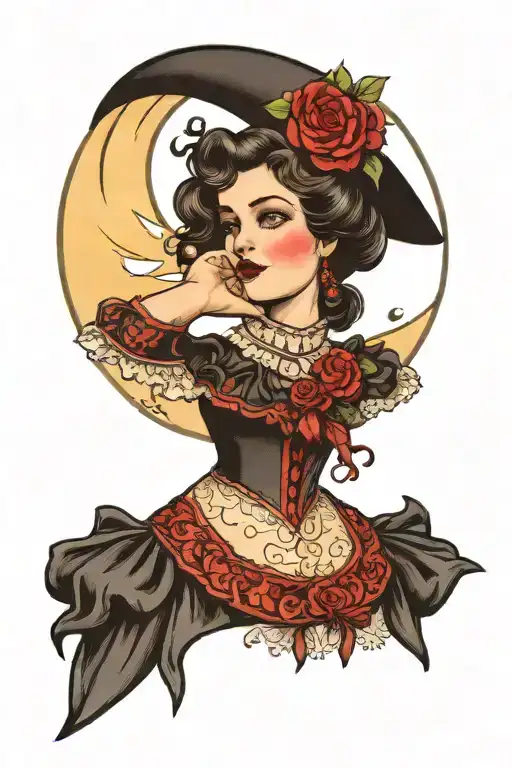 A Victorian Woman From Her Shoulders Up In Front Of Crescent Moon