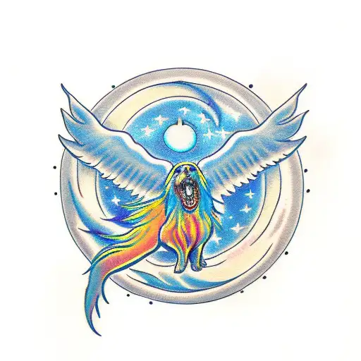 Dark Dog Howling Moon With A Phoenix Flying Towards The Sun