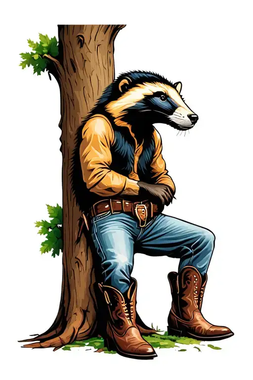 Cowboy Honey Badger Wearing Cowboy Boots And Jeans Leaning Against A Tree