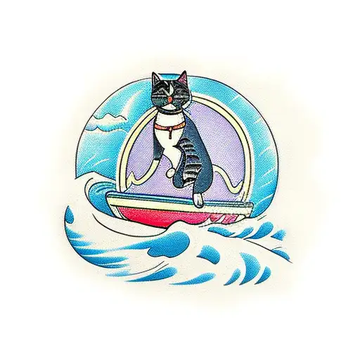 A 90'S Cartoon Style Beach Scene With A Cat Surfing On A Wave