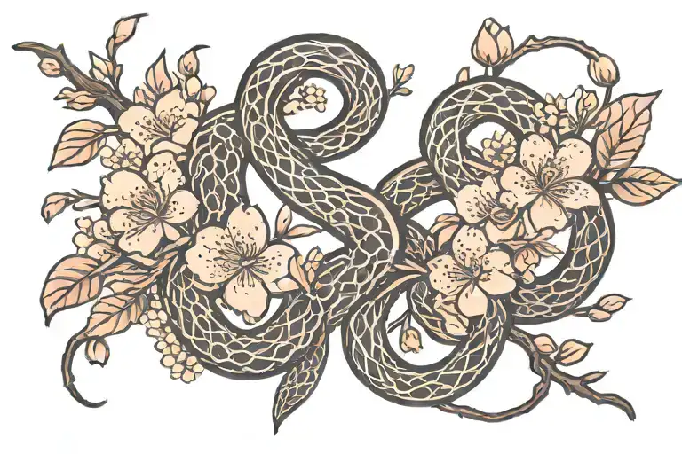 Cherry Blossoms Snake Intertwined
