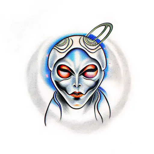 European Face Morphing Into An Alien With Planets In The Background