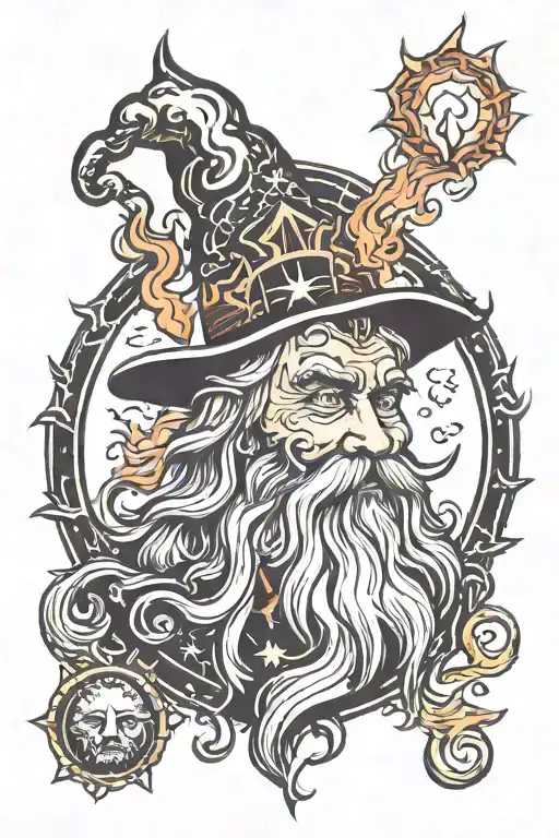 Wizard Face With Castle And Fire Surrounded