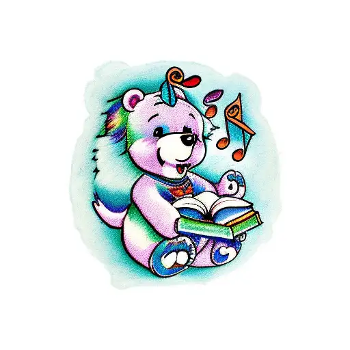 A Traditional Style Carebear Holding A Book With Musical Notes Floating Around It