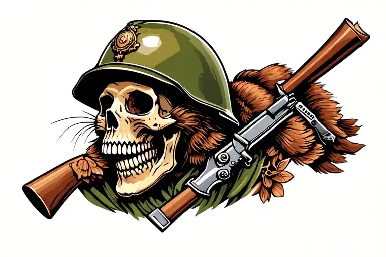 Skull Wearing Soldiers Helmet Rat On Top