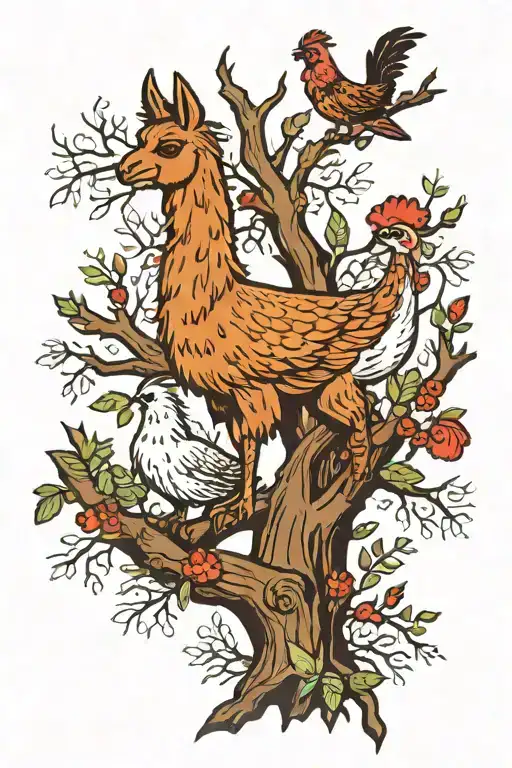 Llama And Chicken In A Tree Branches