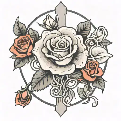 A Traditional Black And Grey Tattoo Of A Rose Growing Around A Keltic Cross