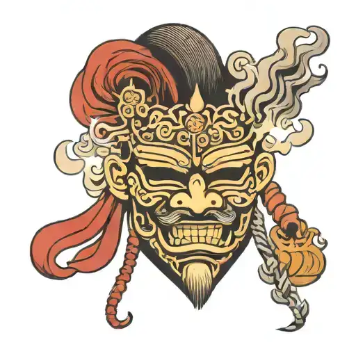Asian War Mask With Smoke