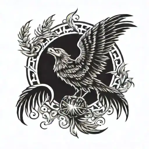 Phoenix On Fire And Wolf Howling At The Moon Rising