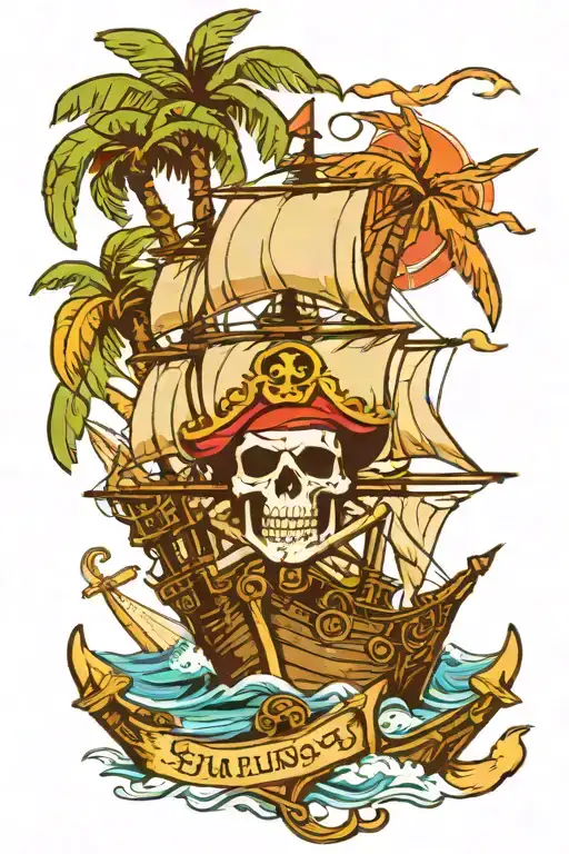 Skull And Crossbones Palm Trees Pirate Ship Sailing