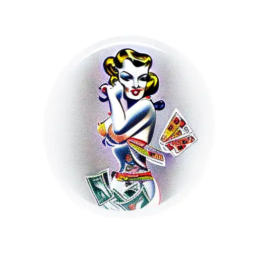 A Seductive Pin-up Girl Holding A Bag Of Money And A Slot Machine Handle