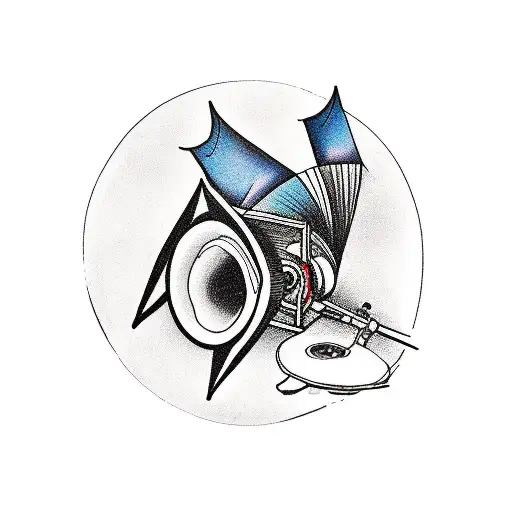 Cartoon Gramophone Surrounded My Music Notes And Drums