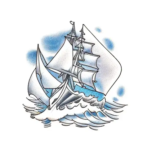 Old Ship With Wooden Sails In Rough Seas With A Lighthouse And A Compass