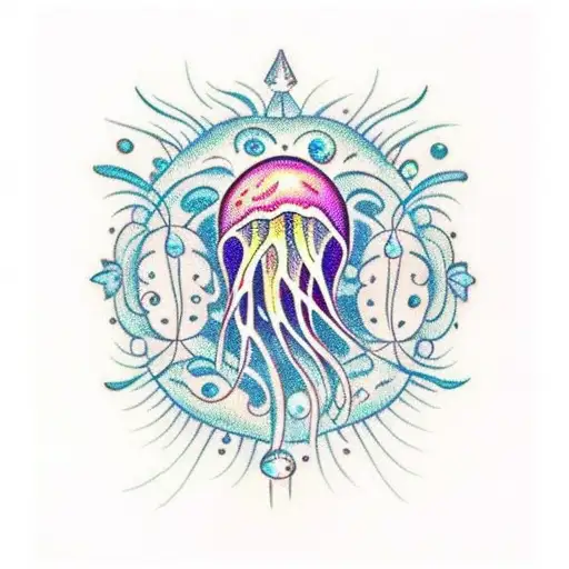 A Traditional Tattoo Of A Jellyfish With Intricate Crystal Patterns Inside Its Body