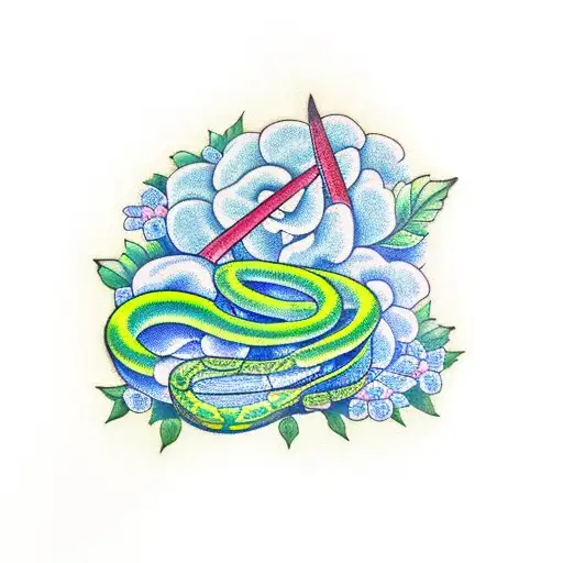 Green Snake In Blue Hydrangeas
