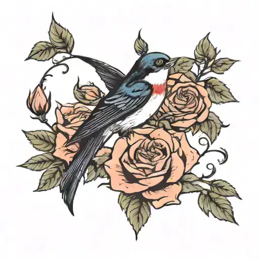 Swallow On A Background Of Roses