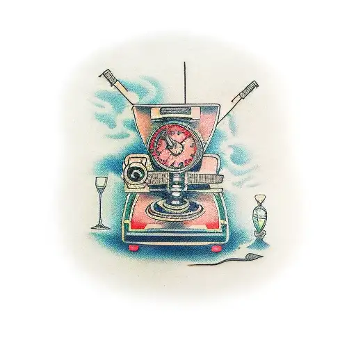 A Traditional Style Tattoo Of A Vintage Book With A Radiography Machine Inside