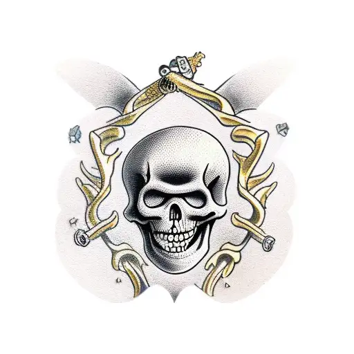 Skeleton With A Gold Tooth Sitting On A Pile Of Hearts