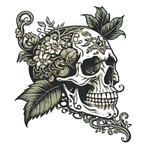 Skull With Plants And Vines And Mushrooms Growing