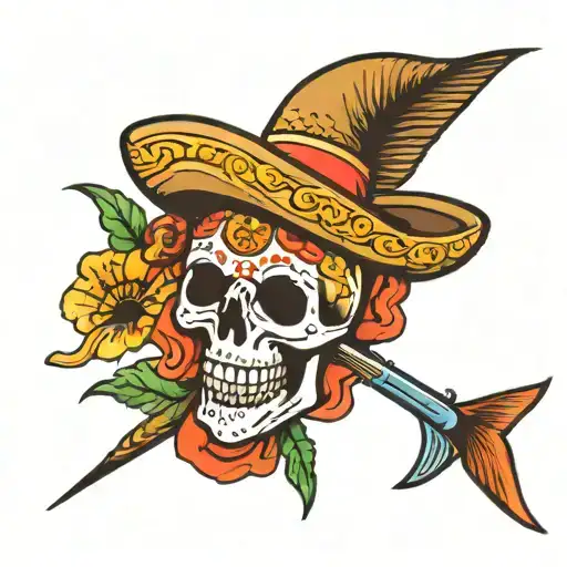 Mexican Skull With Marlin Jumping