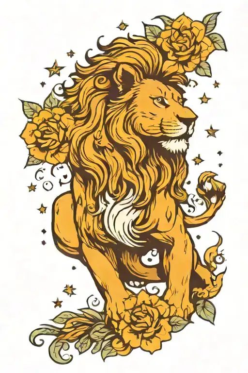 Lion Roaring Stars Clouds Flowers