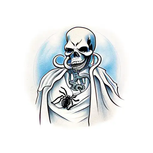 The Grim Reaper Holding Up Cards And A Spider Is Walking Around His Neck