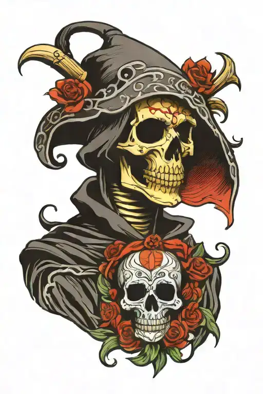 Grim Reaper Holding Sugar Skull Face Mask Looking