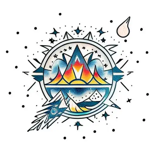 A Campfire Scene With Tribal Patterns And Leo Constellation In The Night Sky