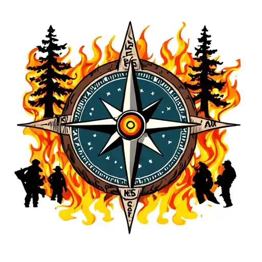 Compass Rose Surrounded By Burning Trees With Fire Fighters In Front