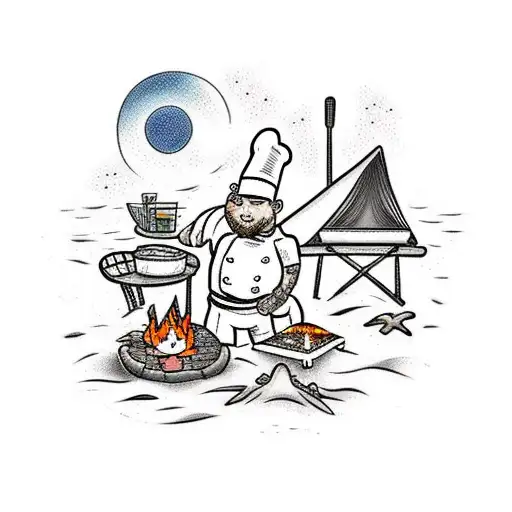 A Beach Scene With A Chef Cooking Over A Campfire Under A Starry Sky