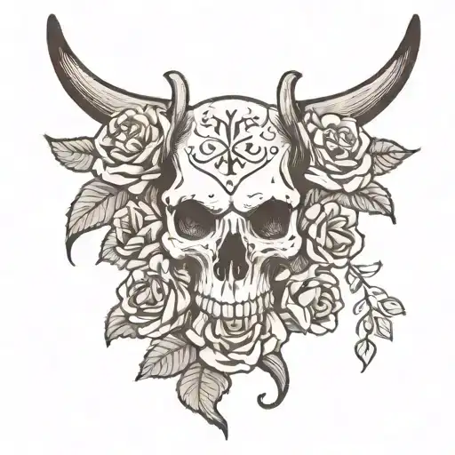 Long Horn Skull With Roses Background