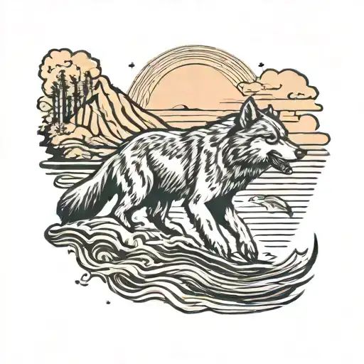 Wolf Howling At Moon Background Bear Catching Salmon In River Foreground