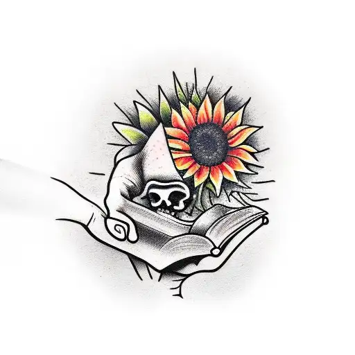 A Skeleton Hand Holding A Book With A Sunflower Growing Out Of It